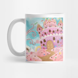 Magic cake and candy castle illustration. Fantasy sweets wonderworld background. Desserts dream landscape Mug